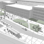 Koncepcja modernizacji placu Niepodległości w Kielcach. Wariant B - przestrzeń reprezentacyjna placu połączona w jedną całość ze strefą przystanków / źródło: Urząd Miasta Kielce