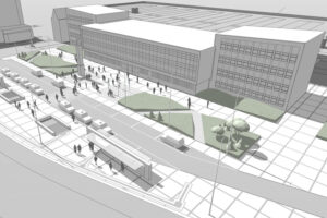 Historia kieleckich ulic. Plac Niepodległości - Radio Kielce Koncepcja modernizacji placu Niepodległości w Kielcach. Wariant B - przestrzeń reprezentacyjna placu połączona w jedną całość ze strefą przystanków / źródło: Urząd Miasta Kielce
