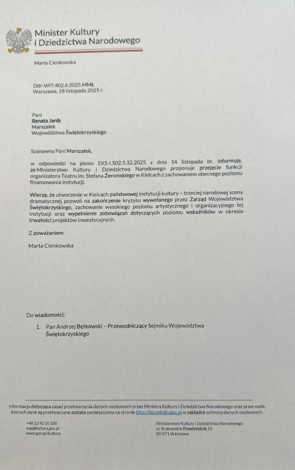 Ministerstwo precyzuje warunki przejęcia teatru