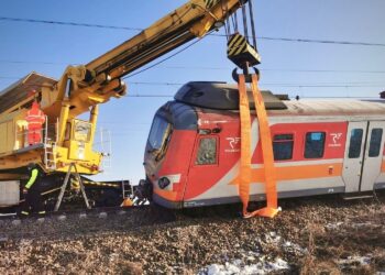 Ponowne ustawianie na torach składu, który wykoleił się na szlaku Miechów–Słomniki / źródło: POLREGIO - X