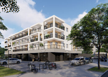 Budynek zamiast pawilonów. Będzie miał funkcję schronienia - Radio Kielce Wizualizacja budynku, który ma zostać wybudowany w miejscu pawilonów handlowo-usługowych przy ulicy Wiśniowej 3 w Kielcach / źródło: materiały prasowe