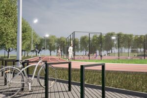 Wizualizacja nowoczesnego obiektu sportowego przy Powiatowym Zespole Szkół w Chęcinach / źródło: powiat.kielce.pl