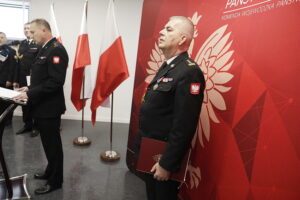 27.01.2026. Kielce. Komenda Wojewódzka Państwowej Straży Pożarnej w Kielcach. Uroczysta zbiórka w związku z przejściem na zaopatrzenie emerytalne st. bryg. Marcina Machowskiego, Zastępcy Świętokrzyskiego Komendanta Wojewódzkiego PSP / Fot. Jarosław Kubalski - Radio Kielce