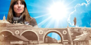 Grafika Radio Kielce. / Źródło: Widok wiaduktu Pancera od strony Mariensztatu, fot. Jan Mieczkowski - Muzeum Narodowe w Warszawie. Mira Kubasińska - Druga Rzeczpospolita oraz PRL w kolorze 1918-1989 - Facebook