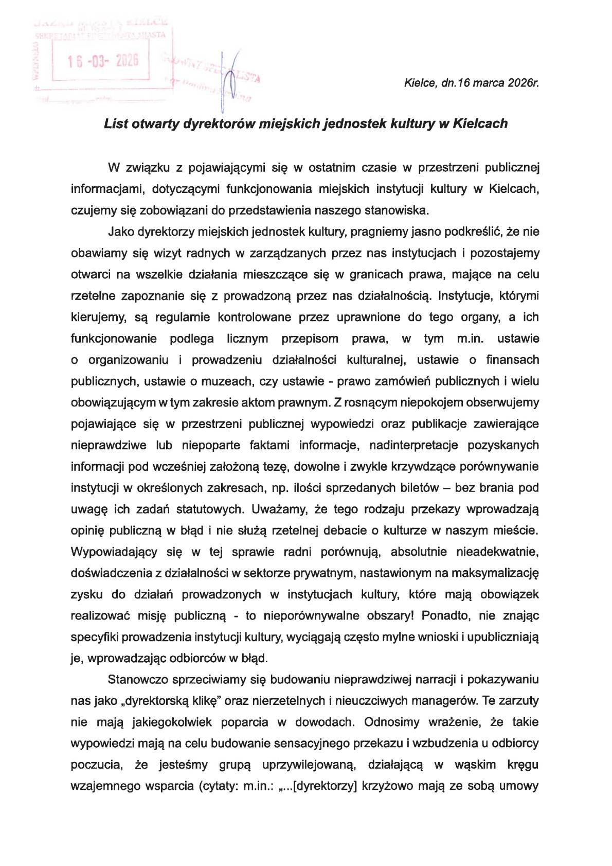 Dyrektorzy kieleckich jednostek kultury: – Sprzeciwiamy się szerzeniu dezinformacji