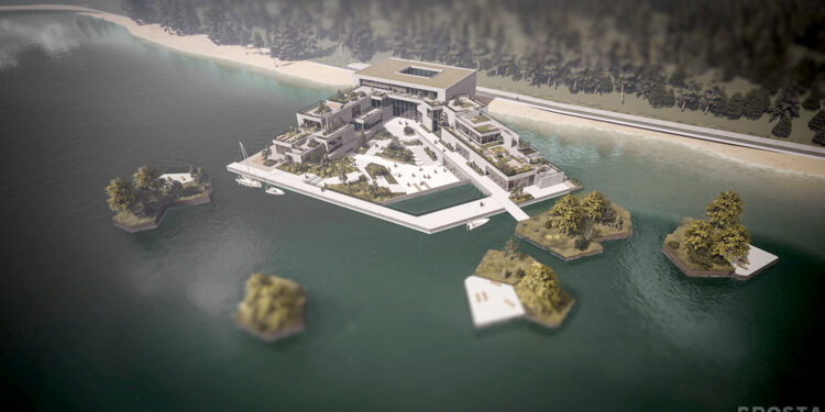 Przystań kajakarska, strefa biznesowa, tężnia solankowa i kładki widokowe – takie, w 2024 roku, plany miała Świętokrzyska Grupa Przemysłowa Industria, która przy zbiorniku wodnym w Sukowie zakładała także ulokowanie swojej głównej siedziby / źródło: Pracownia Prosta Kreska