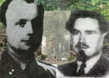 Na grafice (od lewej): SS-Hauptscharführer Wolfgang Rehn, Franz Wittek. W tle pomnik upamiętniający ofiary zabite w bunkrze. / Źródło: Radio Kielce