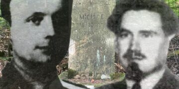 Na grafice (od lewej): SS-Hauptscharführer Wolfgang Rehn, Franz Wittek. W tle pomnik upamiętniający ofiary zabite w bunkrze. / Źródło: Radio Kielce