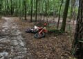 Martwy motocyklista w lesie