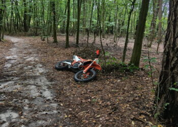 Martwy motocyklista w lesie